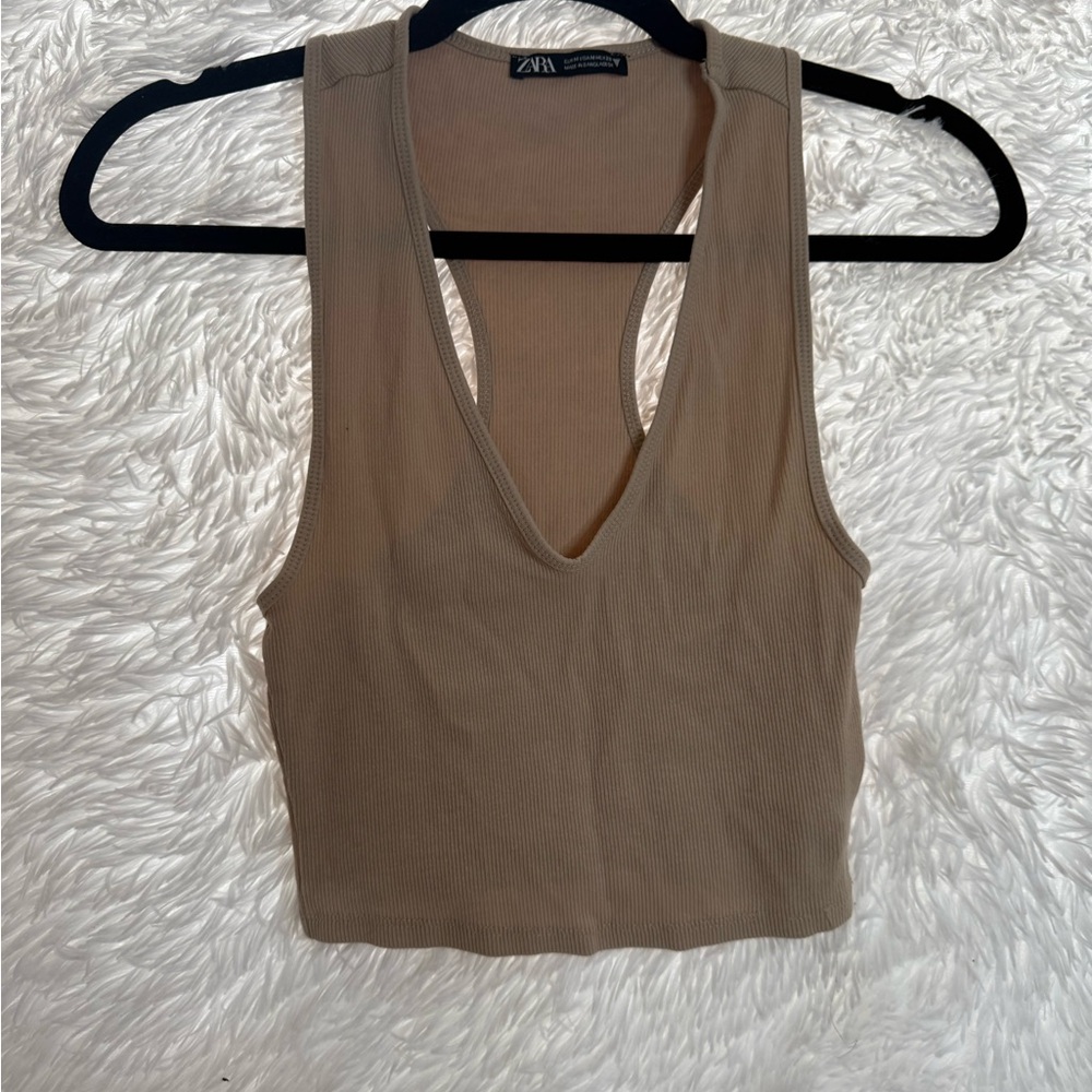 Zara Beige Ribbed V-Neck Tank Top